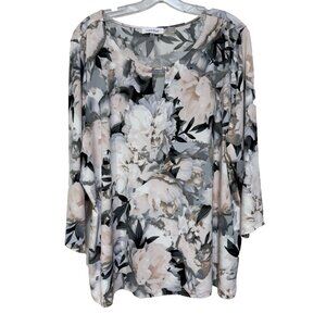 Calvin Klein Womens Plus Size 2X Top Blouse Shirt Floral 3/4 Sleeve Embellished